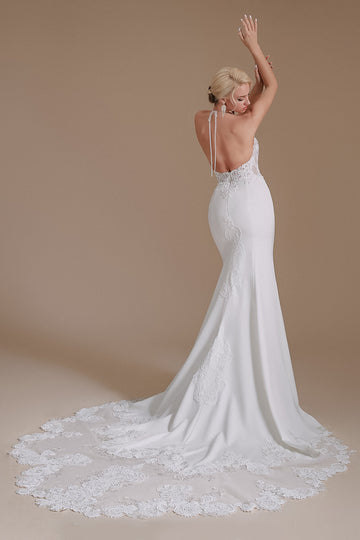 White Mermaid Halter Backless Sweep Train Robe de mariée avec dentelle